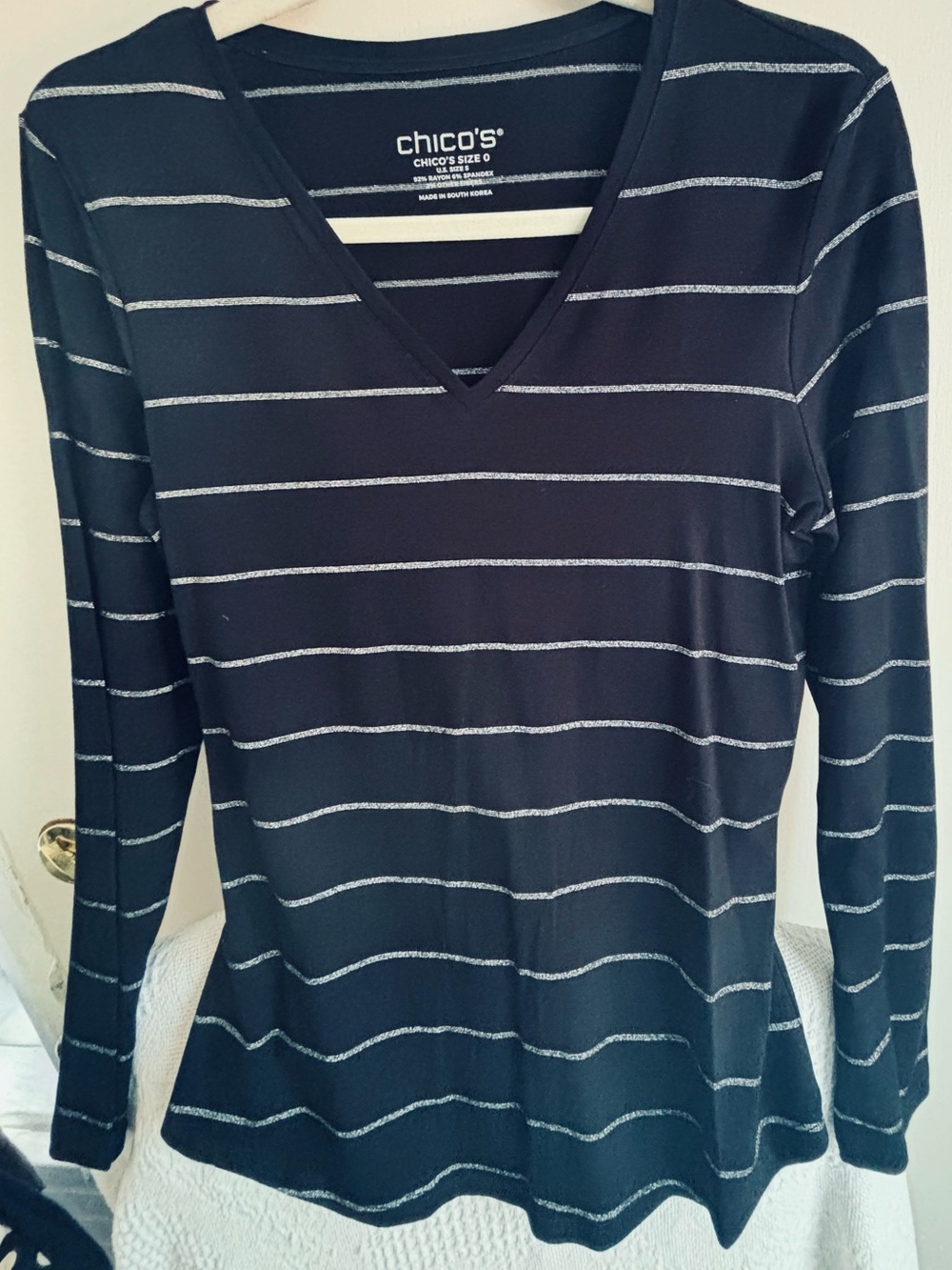 NWT Chico's Black V-Neck Long Sleeve Top with Silver Stripes